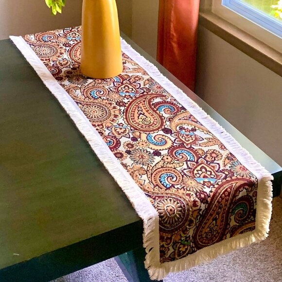 71" Woven Earthy Rustic Boho Warm Tones Jacquard Paisley Fringed Table Runner - Picture 2 of 8